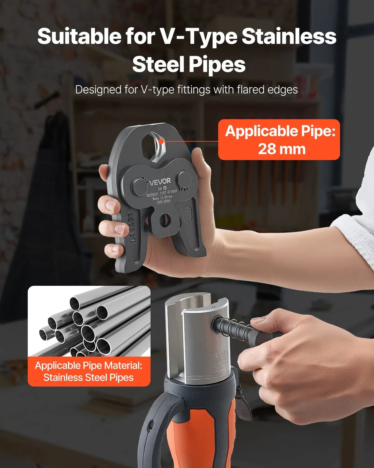 VEVOR Press Fitting V28, 28 mm, for V-type Stainless Steel Pipes, Made from High-Strength Hardened Steel, Compatible with Standard Press Tools