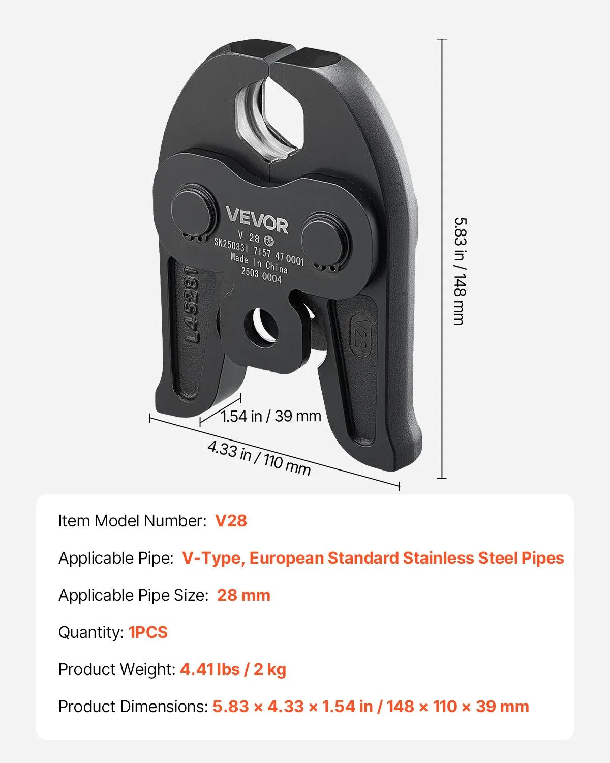 VEVOR Press Fitting V28, 28 mm, for V-type Stainless Steel Pipes, Made from High-Strength Hardened Steel, Compatible with Standard Press Tools