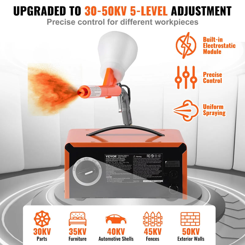 Pulvera pārklāšanas sistēma, 50 kV elektrostatiskās jaudas pulvera pārklāšanas komplekts ar smidzināšanas pistoli, kājas slēdzi, sprauslām un pulvera traukiem, pārklāšanas iekārta mājas un komerciālai ražošanai