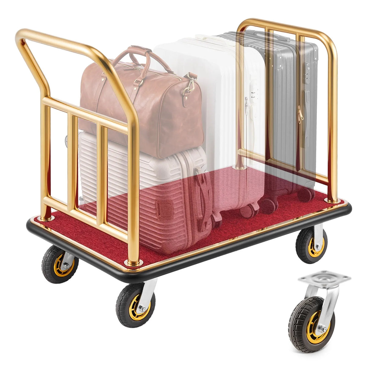 VEVOR viesnīcu bagāžas rati 340,19 kg, nerūsējošā tērauda bagāžas pārvadāšanas rati ar 152 mm gumijas riteņiem, sarkanu paklāja platformu, komerciālie bellman tipa rati viesnīcām, kūrortiem un apartamentiem, zelta krāsā