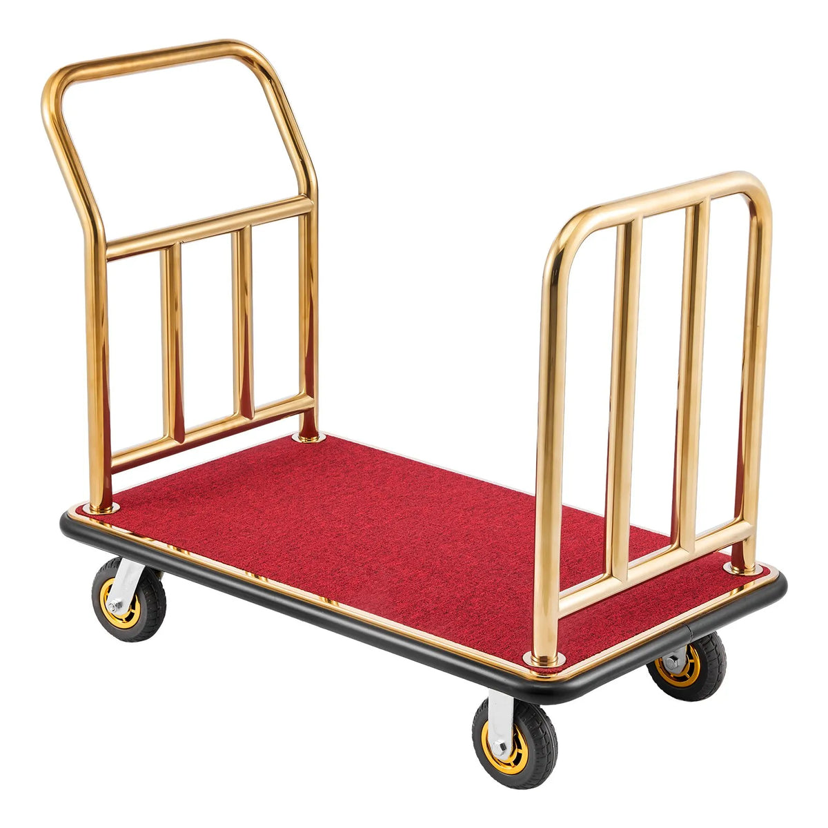 VEVOR viesnīcu bagāžas rati 340,19 kg, nerūsējošā tērauda bagāžas pārvadāšanas rati ar 152 mm gumijas riteņiem, sarkanu paklāja platformu, komerciālie bellman tipa rati viesnīcām, kūrortiem un apartamentiem, zelta krāsā