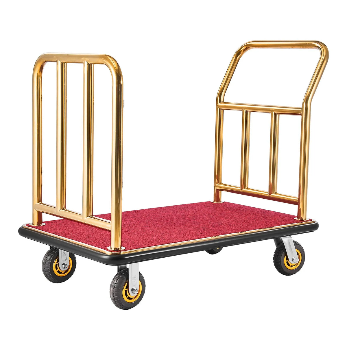 VEVOR viesnīcu bagāžas rati 340,19 kg, nerūsējošā tērauda bagāžas pārvadāšanas rati ar 152 mm gumijas riteņiem, sarkanu paklāja platformu, komerciālie bellman tipa rati viesnīcām, kūrortiem un apartamentiem, zelta krāsā