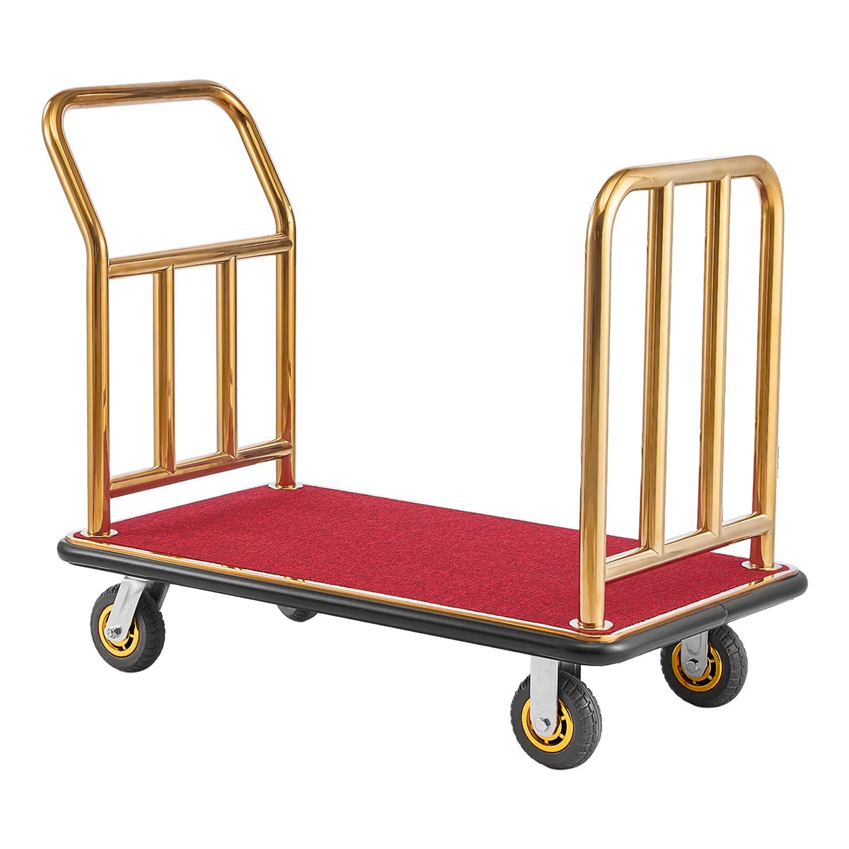 VEVOR viesnīcu bagāžas rati 340,19 kg, nerūsējošā tērauda bagāžas pārvadāšanas rati ar 152 mm gumijas riteņiem, sarkanu paklāja platformu, komerciālie bellman tipa rati viesnīcām, kūrortiem un apartamentiem, zelta krāsā