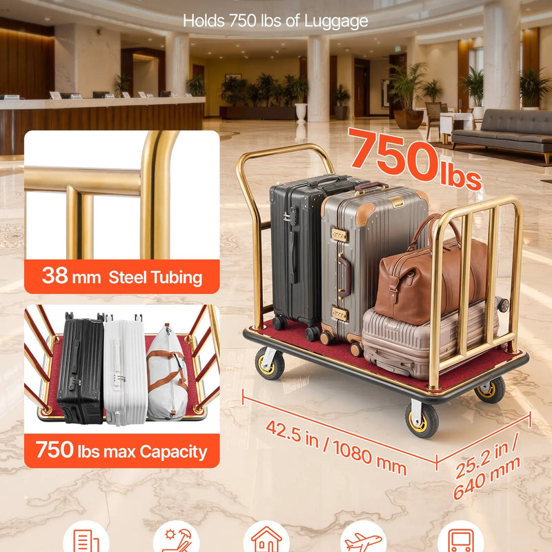 VEVOR viesnīcu bagāžas rati 340,19 kg, nerūsējošā tērauda bagāžas pārvadāšanas rati ar 152 mm gumijas riteņiem, sarkanu paklāja platformu, komerciālie bellman tipa rati viesnīcām, kūrortiem un apartamentiem, zelta krāsā