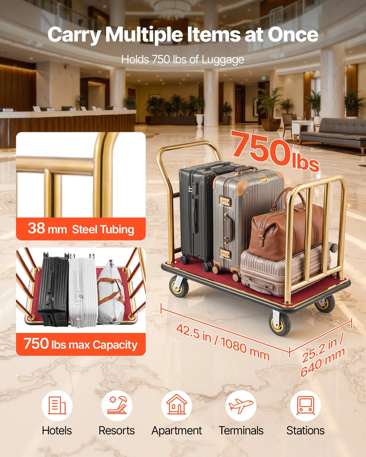 VEVOR viesnīcu bagāžas rati 340,19 kg, nerūsējošā tērauda bagāžas pārvadāšanas rati ar 152 mm gumijas riteņiem, sarkanu paklāja platformu, komerciālie bellman tipa rati viesnīcām, kūrortiem un apartamentiem, zelta krāsā