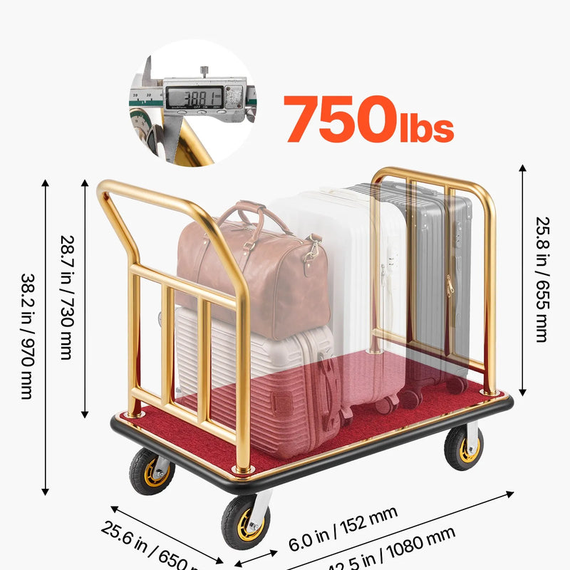 VEVOR viesnīcu bagāžas rati 340,19 kg, nerūsējošā tērauda bagāžas pārvadāšanas rati ar 152 mm gumijas riteņiem, sarkanu paklāja platformu, komerciālie bellman tipa rati viesnīcām, kūrortiem un apartamentiem, zelta krāsā