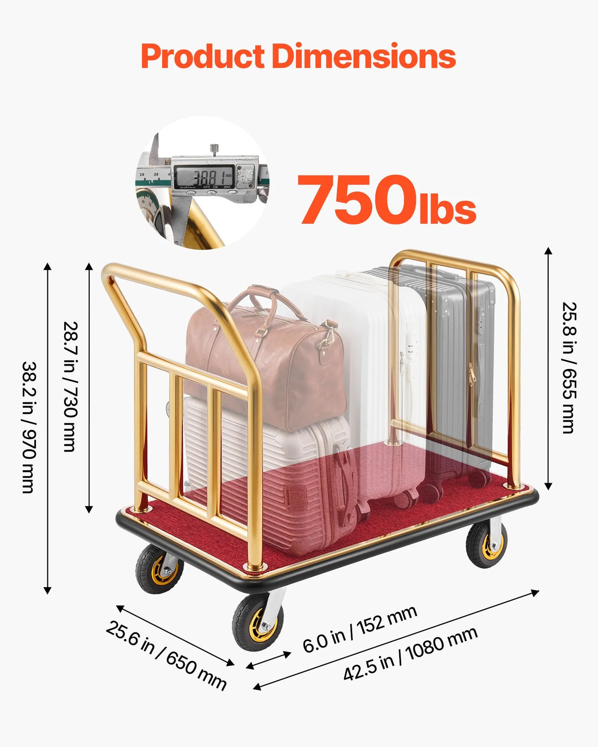 VEVOR viesnīcu bagāžas rati 340,19 kg, nerūsējošā tērauda bagāžas pārvadāšanas rati ar 152 mm gumijas riteņiem, sarkanu paklāja platformu, komerciālie bellman tipa rati viesnīcām, kūrortiem un apartamentiem, zelta krāsā