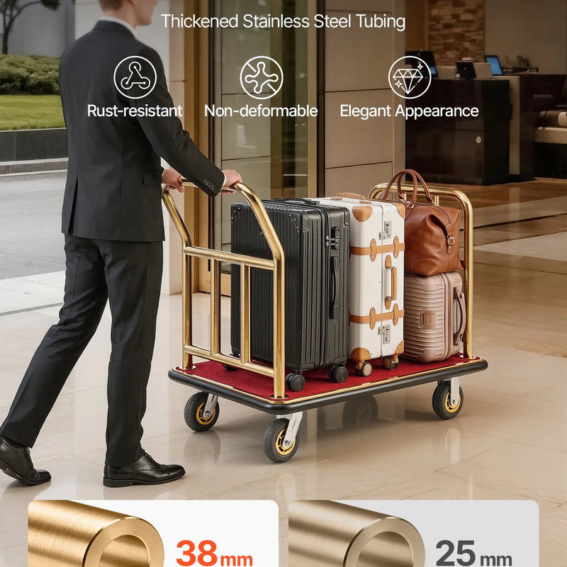 VEVOR viesnīcu bagāžas rati 340,19 kg, nerūsējošā tērauda bagāžas pārvadāšanas rati ar 152 mm gumijas riteņiem, sarkanu paklāja platformu, komerciālie bellman tipa rati viesnīcām, kūrortiem un apartamentiem, zelta krāsā