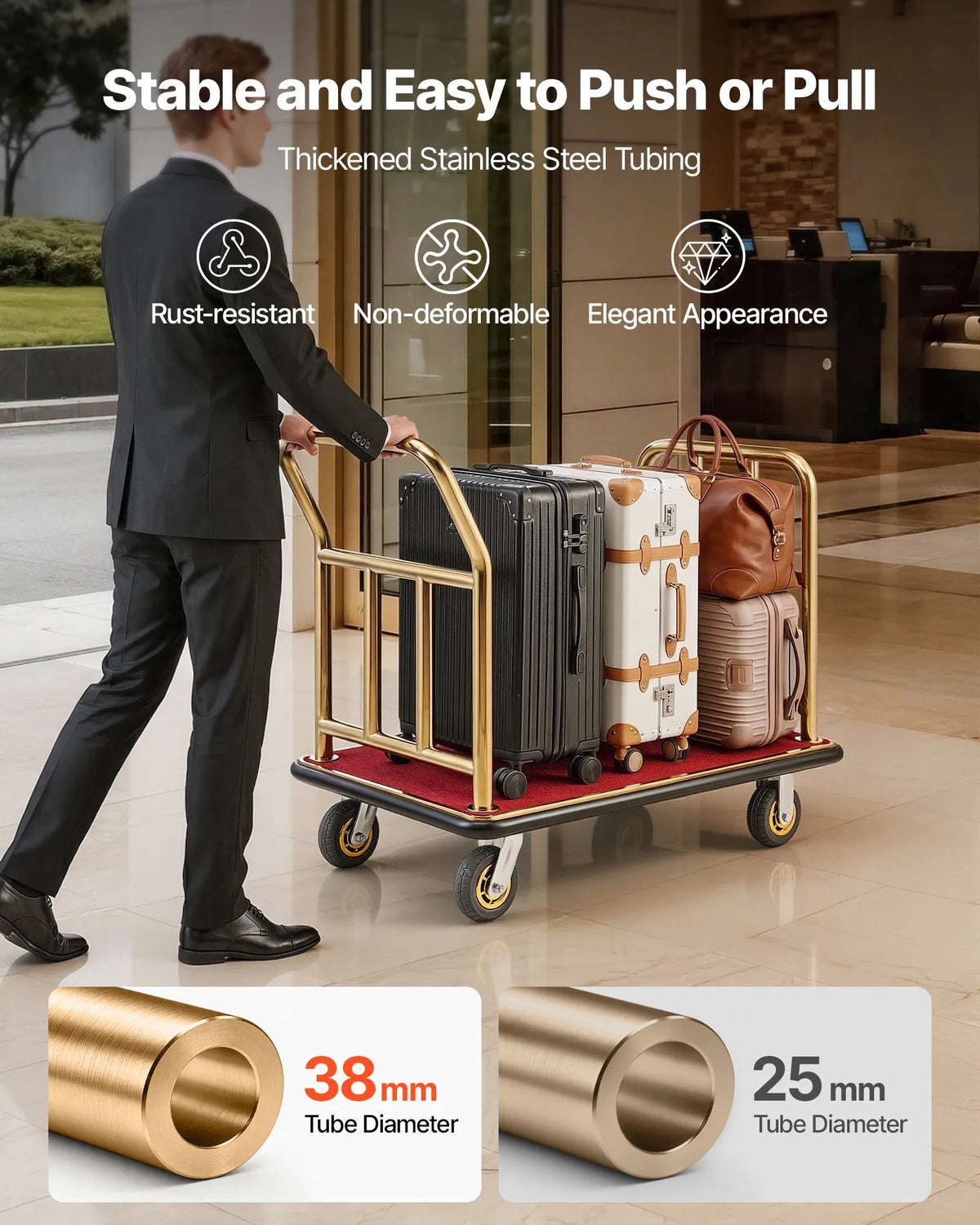 VEVOR viesnīcu bagāžas rati 340,19 kg, nerūsējošā tērauda bagāžas pārvadāšanas rati ar 152 mm gumijas riteņiem, sarkanu paklāja platformu, komerciālie bellman tipa rati viesnīcām, kūrortiem un apartamentiem, zelta krāsā