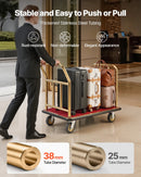 VEVOR viesnīcu bagāžas rati 340,19 kg, nerūsējošā tērauda bagāžas pārvadāšanas rati ar 152 mm gumijas riteņiem, sarkanu paklāja platformu, komerciālie bellman tipa rati viesnīcām, kūrortiem un apartamentiem, zelta krāsā