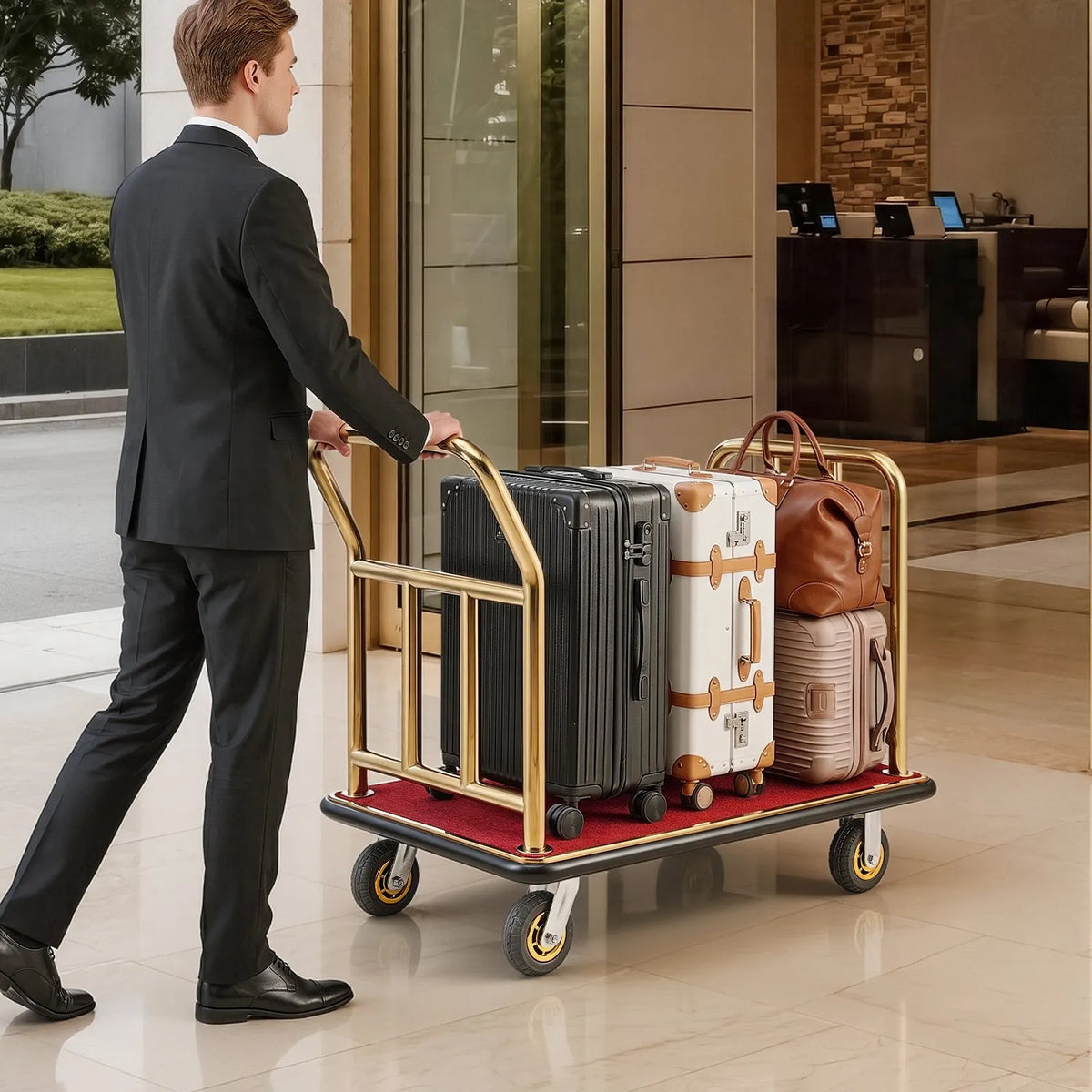 VEVOR viesnīcu bagāžas rati 340,19 kg, nerūsējošā tērauda bagāžas pārvadāšanas rati ar 152 mm gumijas riteņiem, sarkanu paklāja platformu, komerciālie bellman tipa rati viesnīcām, kūrortiem un apartamentiem, zelta krāsā
