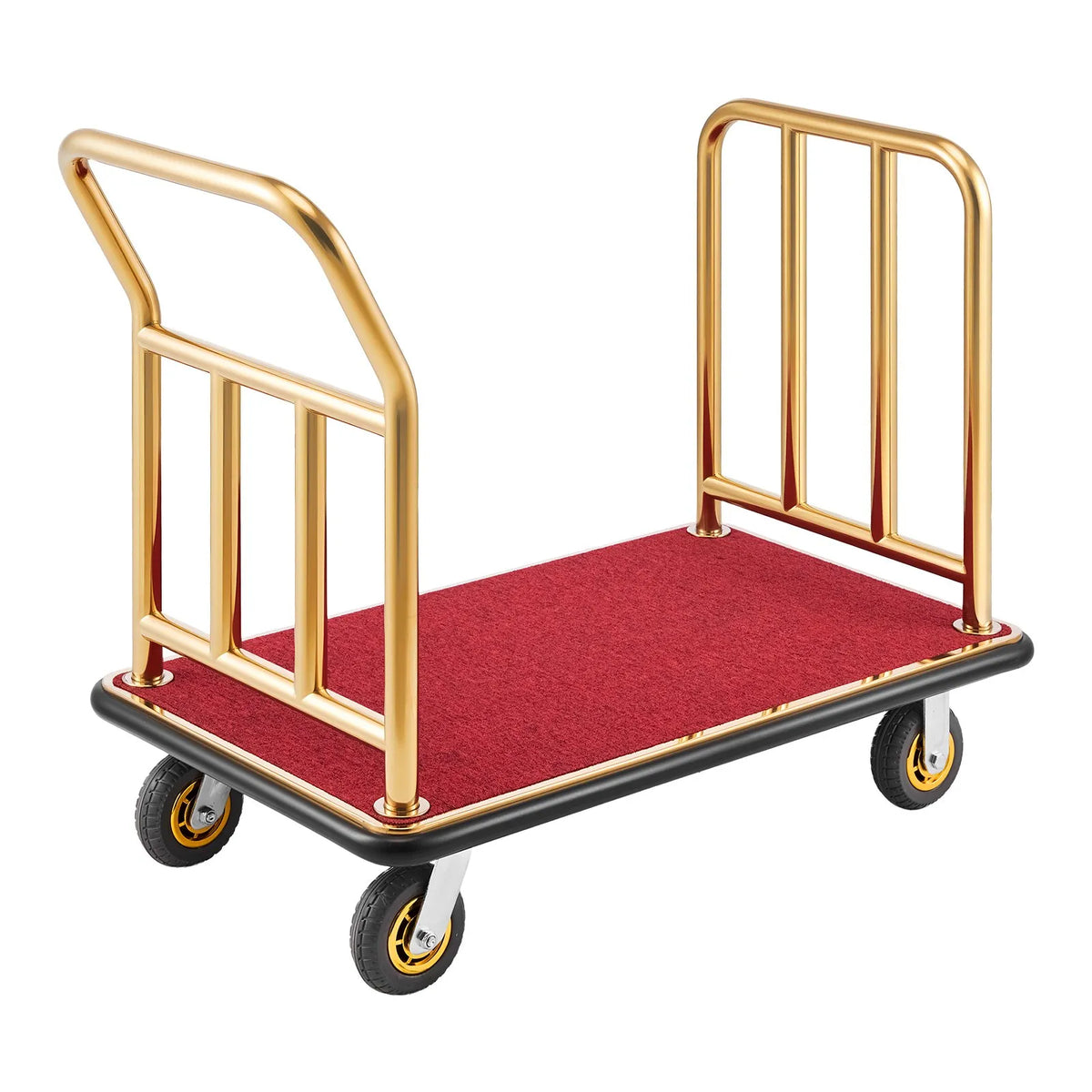 VEVOR viesnīcu bagāžas rati 340,19 kg, nerūsējošā tērauda bagāžas pārvadāšanas rati ar 152 mm gumijas riteņiem, sarkanu paklāja platformu, komerciālie bellman tipa rati viesnīcām, kūrortiem un apartamentiem, zelta krāsā