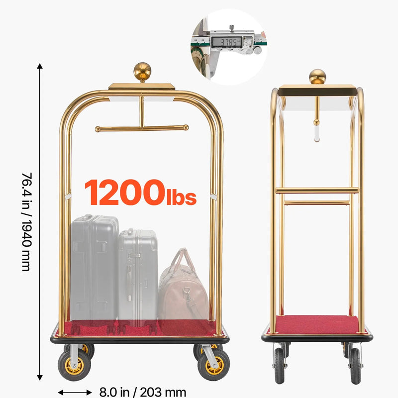 VEVOR viesnīcas bagāžas ratiņi 544,3 kg ar nerūsējošā tērauda rāmi, 203 mm gumijas riteņiem un sarkanu paklāja platformu zelta krāsā