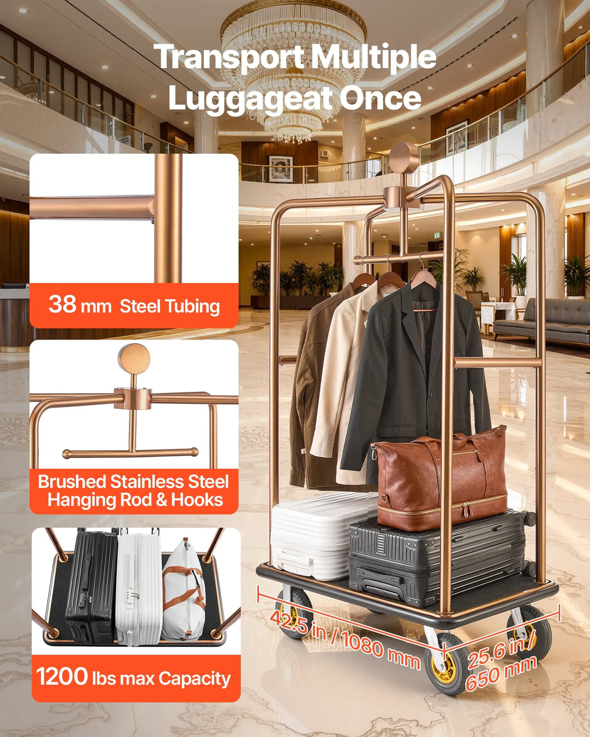 VEVOR Hotel Luggage Trolley 544.3 kg with Stainless Steel Frame, 203 mm Rubber Wheels and Black Mat Platform in Rose Gold