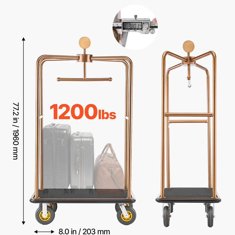 VEVOR viesnīcas bagāžas ratiņi 544,3 kg ar nerūsējošā tērauda rāmi, 203 mm gumijas riteņiem un melnu paklāja platformu rozā zelta krāsā