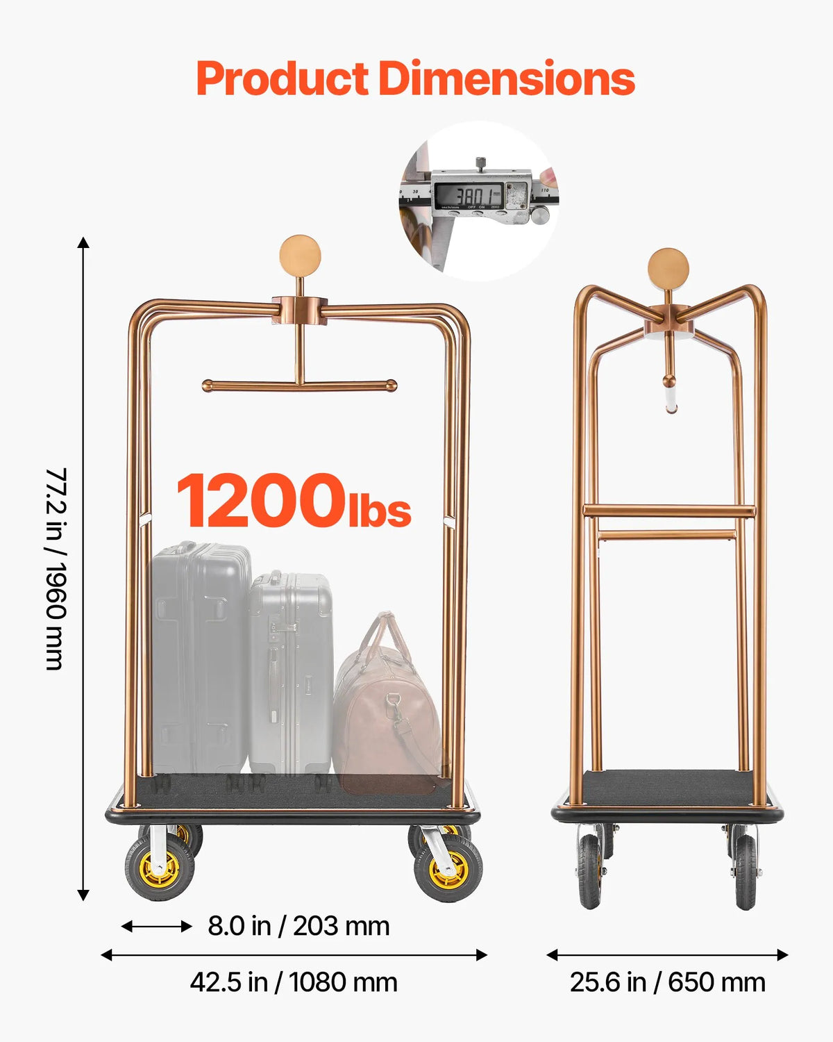 VEVOR Hotel Luggage Trolley 544.3 kg with Stainless Steel Frame, 203 mm Rubber Wheels and Black Mat Platform in Rose Gold