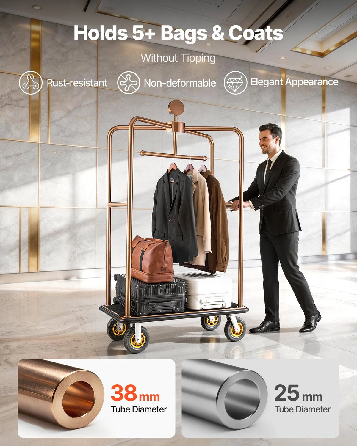 VEVOR Hotel Luggage Trolley 544.3 kg with Stainless Steel Frame, 203 mm Rubber Wheels and Black Mat Platform in Rose Gold