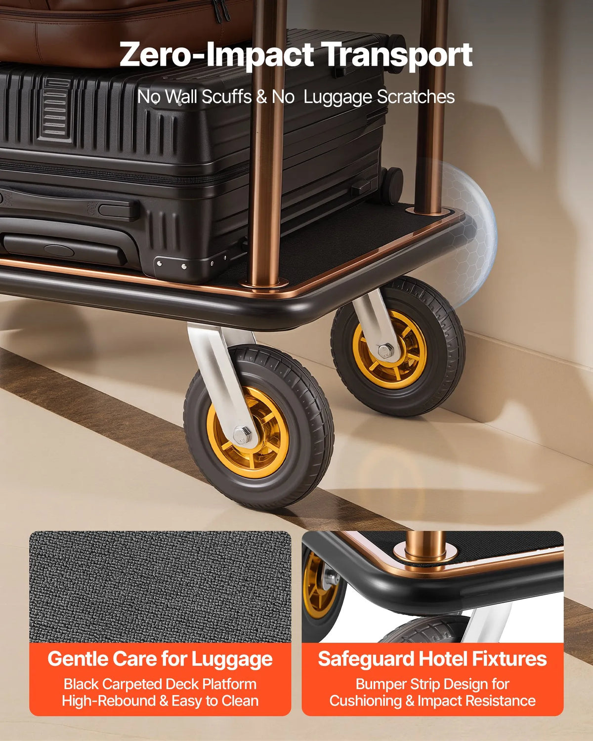 VEVOR Hotel Luggage Trolley 544.3 kg with Stainless Steel Frame, 203 mm Rubber Wheels and Black Mat Platform in Rose Gold