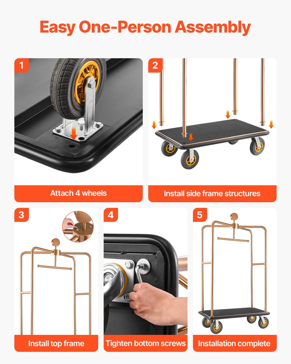 VEVOR Hotel Luggage Trolley 544.3 kg with Stainless Steel Frame, 203 mm Rubber Wheels and Black Mat Platform in Rose Gold