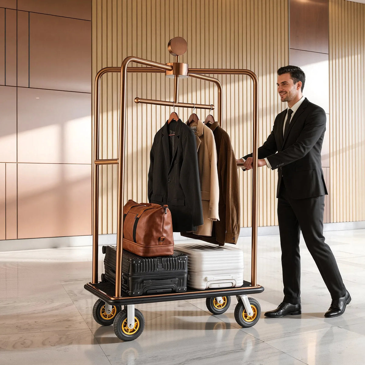 VEVOR Hotel Luggage Trolley 544.3 kg with Stainless Steel Frame, 203 mm Rubber Wheels and Black Mat Platform in Rose Gold