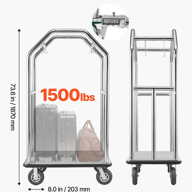 VEVOR viesnīcas bagāžas ratiņi 680,4 kg ar nerūsējošā tērauda rāmi, 203 mm gumijas riteņiem un pelēku paklāja platformu sudraba krāsā