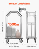 VEVOR viesnīcas bagāžas ratiņi 680,4 kg ar nerūsējošā tērauda rāmi, 203 mm gumijas riteņiem un pelēku paklāja platformu sudraba krāsā