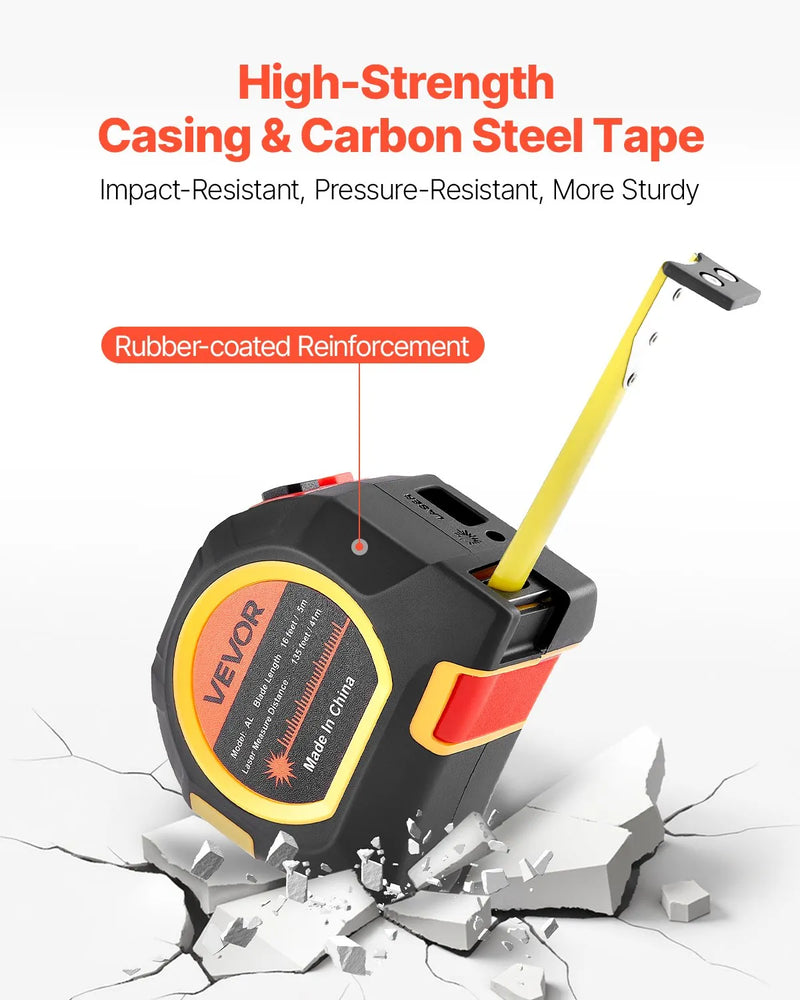 VEVOR 2-in-1 lāzera mērierīce ar 41 m lāzera mērījumu un 4,8 m magnētisku ruleti, uzlādējama, ar garuma, laukuma, tilpuma un nepārtrauktās mērīšanas režīmiem, mērvienības m/ft/in/ft+in, piemērota ārdarbiem un dekorēšanai