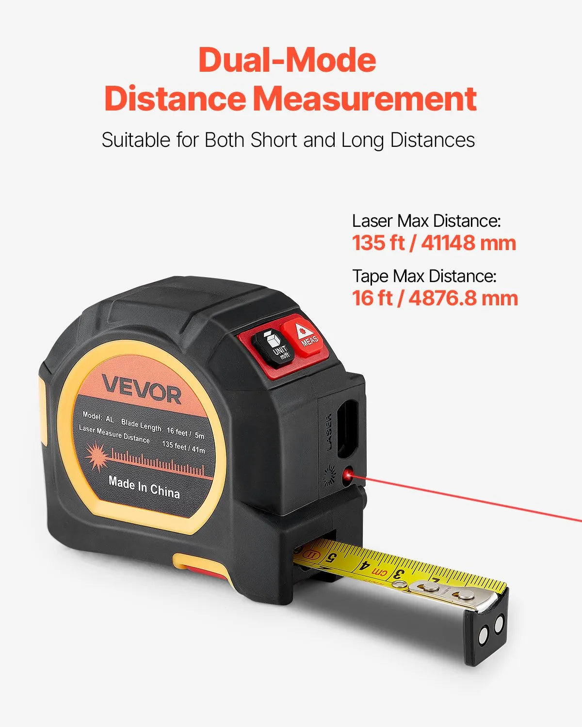 VEVOR 2-in-1 Laser Measure with 41 m Laser Range and 4.8 m Magnetic Tape Measure, Rechargeable, Length/Area/Volume/Continuous Measurement Modes, Units m/ft/in/ft+in, Suitable for Outdoor Work and Decoration