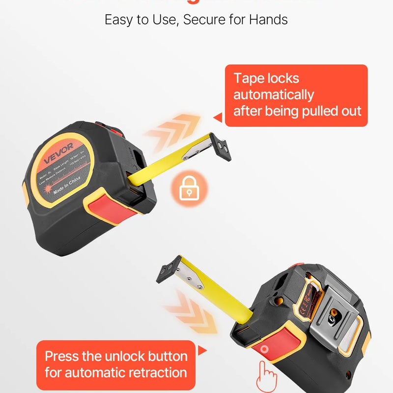 VEVOR 2-in-1 lāzera mērierīce ar 41 m lāzera mērījumu un 4,8 m magnētisku ruleti, uzlādējama, ar garuma, laukuma, tilpuma un nepārtrauktās mērīšanas režīmiem, mērvienības m/ft/in/ft+in, piemērota ārdarbiem un dekorēšanai