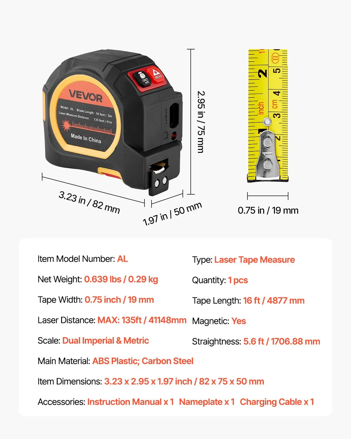 VEVOR 2-in-1 Laser Measure with 41 m Laser Range and 4.8 m Magnetic Tape Measure, Rechargeable, Length/Area/Volume/Continuous Measurement Modes, Units m/ft/in/ft+in, Suitable for Outdoor Work and Decoration