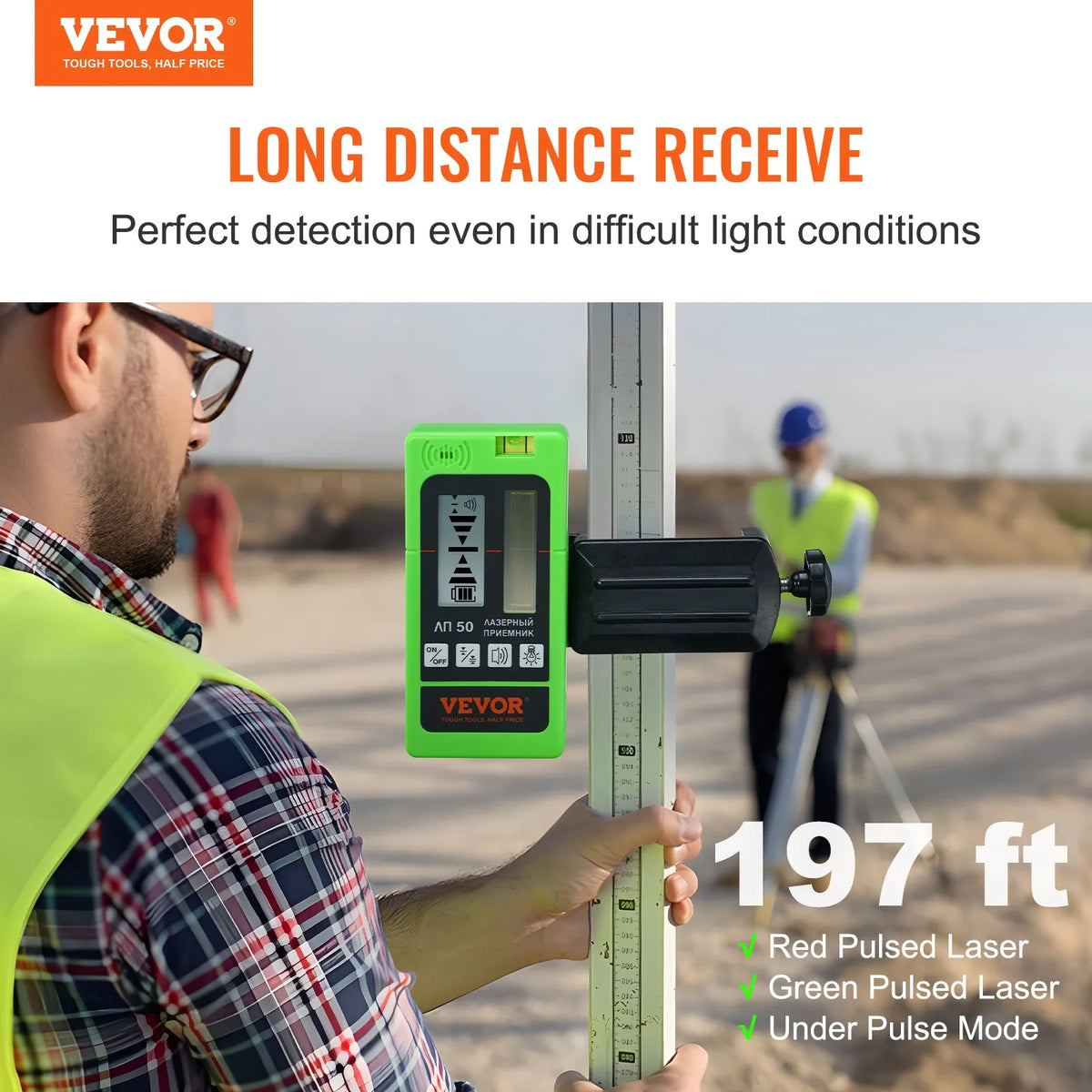VEVOR Laser Receiver Detector for Green and Red Laser Beams, Working Range up to 60 m, with Mounting Clamp