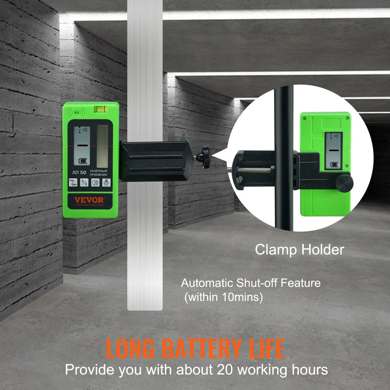VEVOR lāzera uztvērējs–detektors zaļajam un sarkanajam lāzera staram, darbības diapazons līdz 60 m, ar stiprinājuma skavu