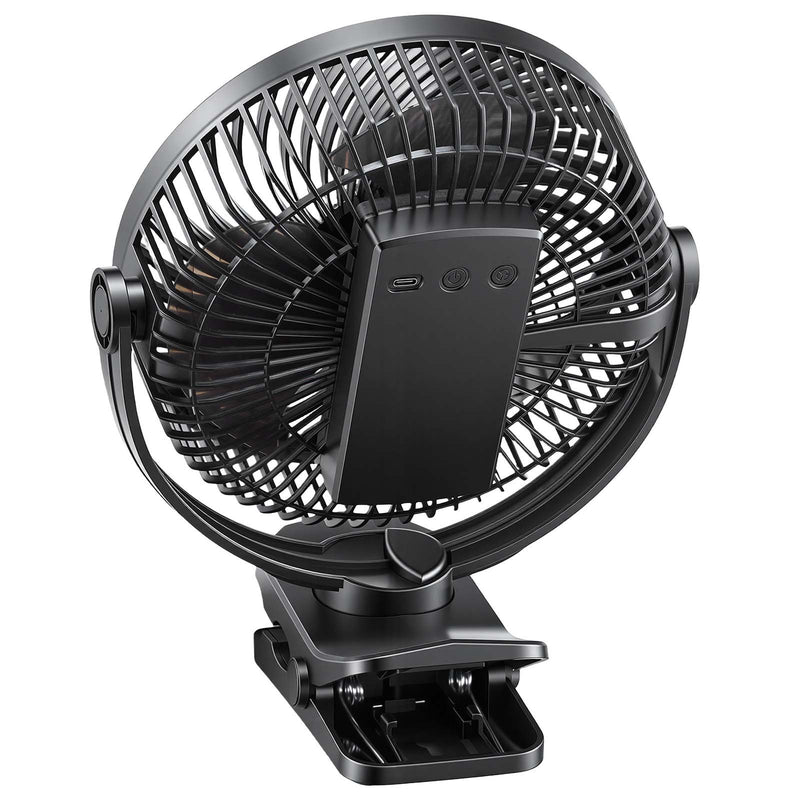 VEVOR pārnēsājams ventilators ar klipsi un uzlādējamu akumulatoru, USB pieslēgvieta, 3 ātrumi un cirkulācijas režīms, spēcīga gaisa plūsma, izturīgs stiprinājums, ilgs darbības laiks galdam, golfa ratiņiem, kempingam, skrejceliņam un birojam, melns - ZEMLETES.LV