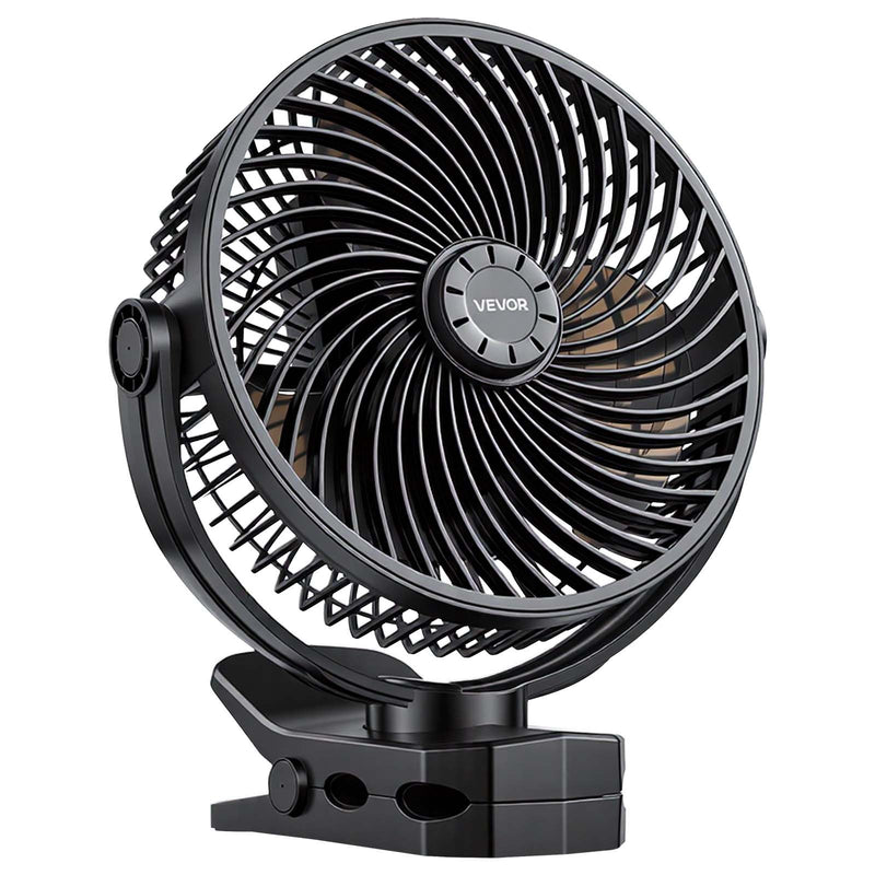 VEVOR pārnēsājams ventilators ar klipsi un uzlādējamu akumulatoru, USB pieslēgvieta, 3 ātrumi un cirkulācijas režīms, spēcīga gaisa plūsma, izturīgs stiprinājums, ilgs darbības laiks galdam, golfa ratiņiem, kempingam, skrejceliņam un birojam, melns - ZEMLETES.LV