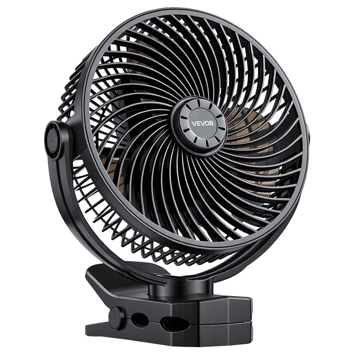VEVOR pārnēsājams ventilators ar klipsi un uzlādējamu akumulatoru, USB pieslēgvieta, 3 ātrumi un cirkulācijas režīms, spēcīga gaisa plūsma, izturīgs stiprinājums, ilgs darbības laiks galdam, golfa ratiņiem, kempingam, skrejceliņam un birojam, melns - ZEMLETES.LV