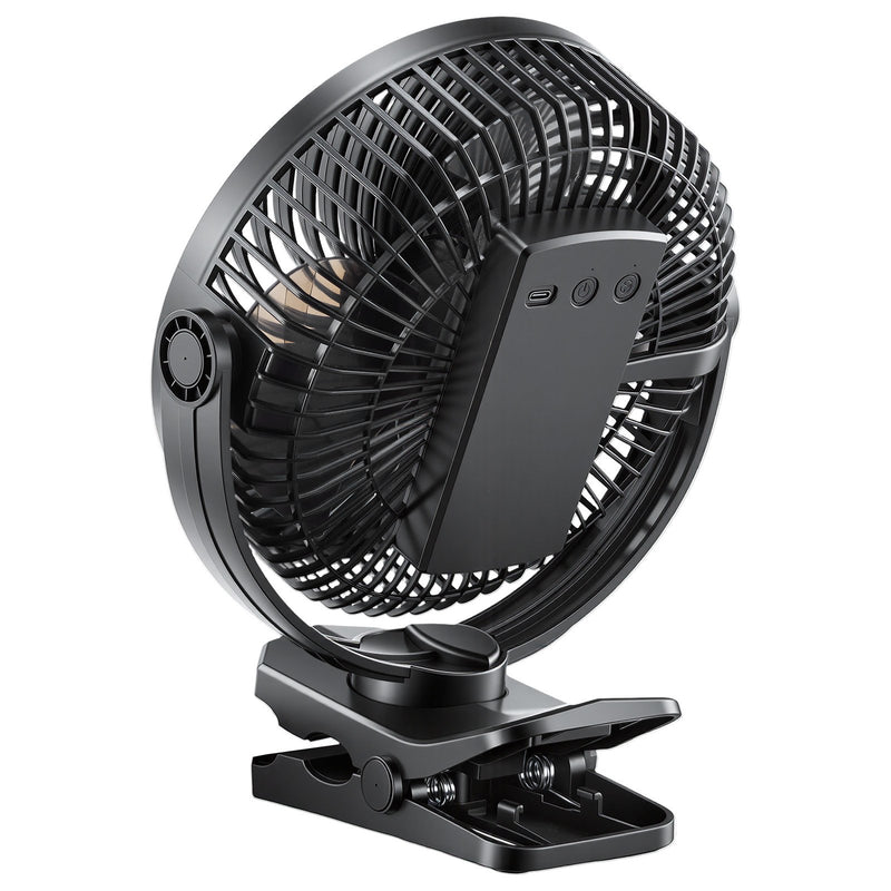 VEVOR pārnēsājams ventilators ar klipsi un uzlādējamu akumulatoru, USB pieslēgvieta, 3 ātrumi un cirkulācijas režīms, spēcīga gaisa plūsma, izturīgs stiprinājums, ilgs darbības laiks galdam, golfa ratiņiem, kempingam, skrejceliņam un birojam, melns - ZEMLETES.LV