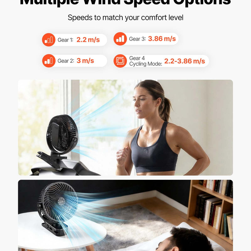 VEVOR pārnēsājams ventilators ar klipsi un uzlādējamu akumulatoru, USB pieslēgvieta, 3 ātrumi un cirkulācijas režīms, spēcīga gaisa plūsma, izturīgs stiprinājums, ilgs darbības laiks galdam, golfa ratiņiem, kempingam, skrejceliņam un birojam, melns - ZEMLETES.LV
