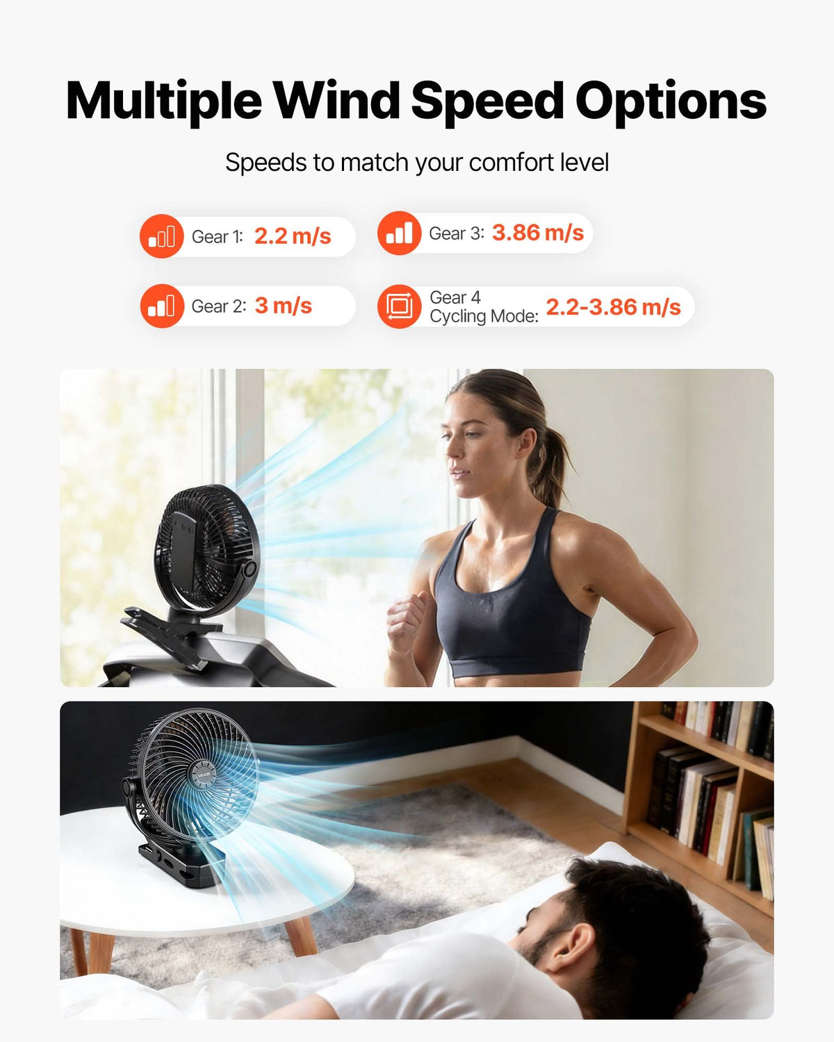 VEVOR pārnēsājams ventilators ar klipsi un uzlādējamu akumulatoru, USB pieslēgvieta, 3 ātrumi un cirkulācijas režīms, spēcīga gaisa plūsma, izturīgs stiprinājums, ilgs darbības laiks galdam, golfa ratiņiem, kempingam, skrejceliņam un birojam, melns - ZEMLETES.LV