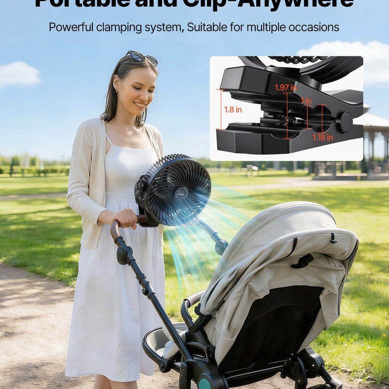 VEVOR pārnēsājams ventilators ar klipsi un uzlādējamu akumulatoru, USB pieslēgvieta, 3 ātrumi un cirkulācijas režīms, spēcīga gaisa plūsma, izturīgs stiprinājums, ilgs darbības laiks galdam, golfa ratiņiem, kempingam, skrejceliņam un birojam, melns - ZEMLETES.LV