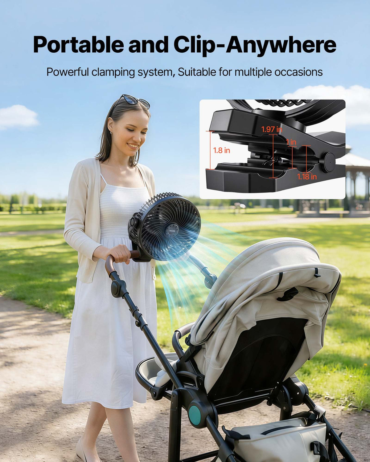 VEVOR pārnēsājams ventilators ar klipsi un uzlādējamu akumulatoru, USB pieslēgvieta, 3 ātrumi un cirkulācijas režīms, spēcīga gaisa plūsma, izturīgs stiprinājums, ilgs darbības laiks galdam, golfa ratiņiem, kempingam, skrejceliņam un birojam, melns - ZEMLETES.LV