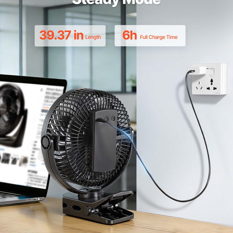 VEVOR pārnēsājams ventilators ar klipsi un uzlādējamu akumulatoru, USB pieslēgvieta, 3 ātrumi un cirkulācijas režīms, spēcīga gaisa plūsma, izturīgs stiprinājums, ilgs darbības laiks galdam, golfa ratiņiem, kempingam, skrejceliņam un birojam, melns - ZEMLETES.LV