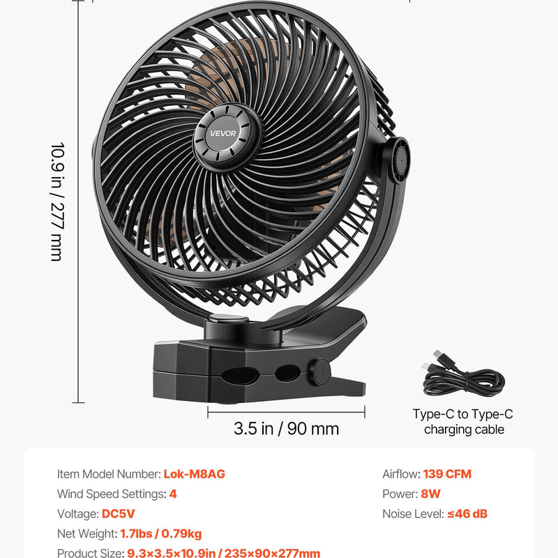 VEVOR pārnēsājams ventilators ar klipsi un uzlādējamu akumulatoru, USB pieslēgvieta, 3 ātrumi un cirkulācijas režīms, spēcīga gaisa plūsma, izturīgs stiprinājums, ilgs darbības laiks galdam, golfa ratiņiem, kempingam, skrejceliņam un birojam, melns - ZEMLETES.LV