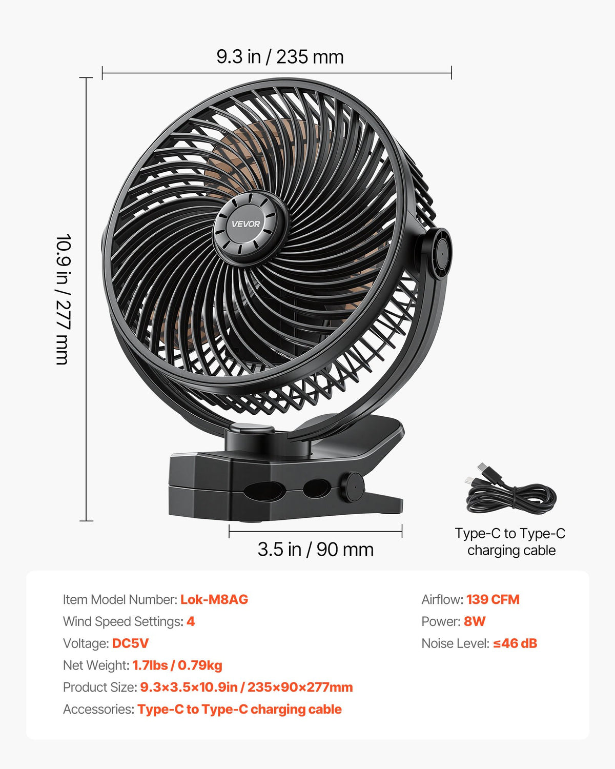 VEVOR pārnēsājams ventilators ar klipsi un uzlādējamu akumulatoru, USB pieslēgvieta, 3 ātrumi un cirkulācijas režīms, spēcīga gaisa plūsma, izturīgs stiprinājums, ilgs darbības laiks galdam, golfa ratiņiem, kempingam, skrejceliņam un birojam, melns - ZEMLETES.LV