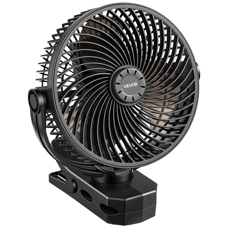 VEVOR pārnēsājams ventilators ar klipsi un uzlādējamu akumulatoru, USB pieslēgvieta, 3 ātrumi un cirkulācijas režīms, spēcīga gaisa plūsma, izturīgs stiprinājums, ilgs darbības laiks galdam, golfa ratiņiem, kempingam, skrejceliņam un birojam, melns - ZEMLETES.LV