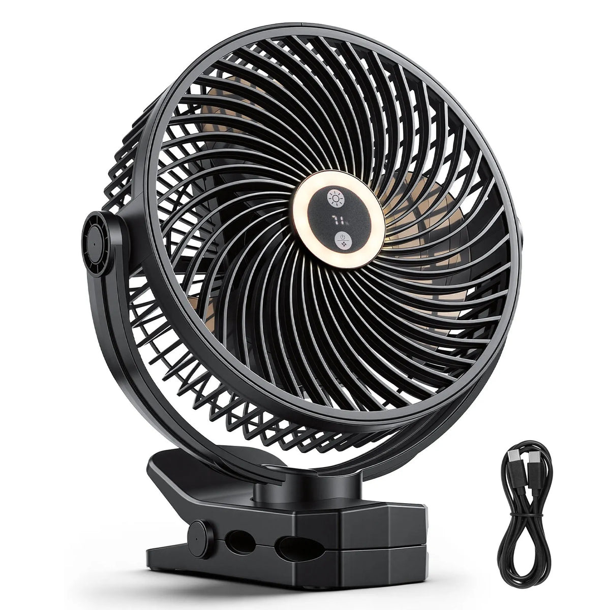 VEVOR portatīvais ventilators ar klipsi un apgaismojumu, uzlādējams, USB pieslēgums, 3 ātrumi un cirkulācijas režīms, spēcīga gaisa plūsma, izturīgs stiprinājums, piemērots galdam, golfa ratiem, āra kempingam un skrejceliņam, melns - ZEMLETES.LV