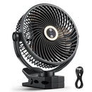 VEVOR portatīvais ventilators ar klipsi un apgaismojumu, uzlādējams, USB pieslēgums, 3 ātrumi un cirkulācijas režīms, spēcīga gaisa plūsma, izturīgs stiprinājums, piemērots galdam, golfa ratiem, āra kempingam un skrejceliņam, melns - ZEMLETES.LV