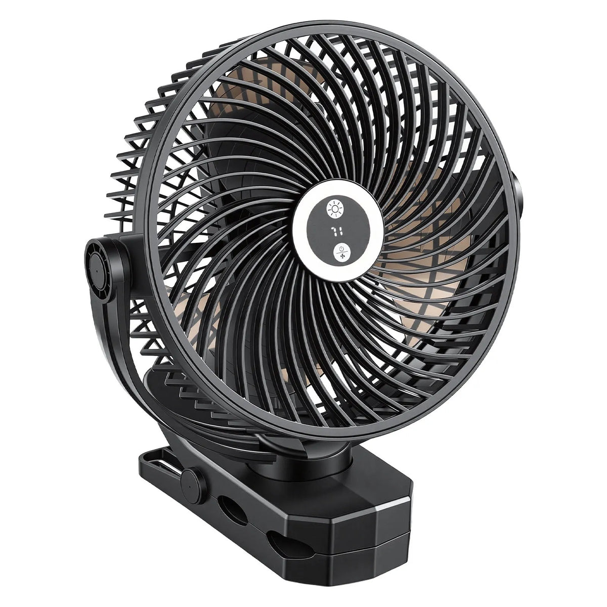 VEVOR portatīvais ventilators ar klipsi un apgaismojumu, uzlādējams, USB pieslēgums, 3 ātrumi un cirkulācijas režīms, spēcīga gaisa plūsma, izturīgs stiprinājums, piemērots galdam, golfa ratiem, āra kempingam un skrejceliņam, melns - ZEMLETES.LV