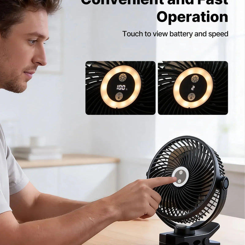 VEVOR portatīvais ventilators ar klipsi un apgaismojumu, uzlādējams, USB pieslēgums, 3 ātrumi un cirkulācijas režīms, spēcīga gaisa plūsma, izturīgs stiprinājums, piemērots galdam, golfa ratiem, āra kempingam un skrejceliņam, melns - ZEMLETES.LV