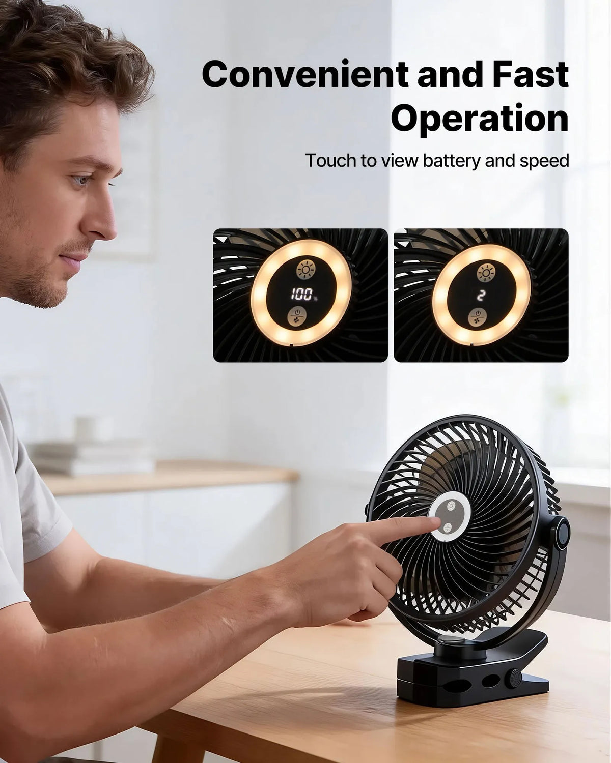 VEVOR portatīvais ventilators ar klipsi un apgaismojumu, uzlādējams, USB pieslēgums, 3 ātrumi un cirkulācijas režīms, spēcīga gaisa plūsma, izturīgs stiprinājums, piemērots galdam, golfa ratiem, āra kempingam un skrejceliņam, melns - ZEMLETES.LV