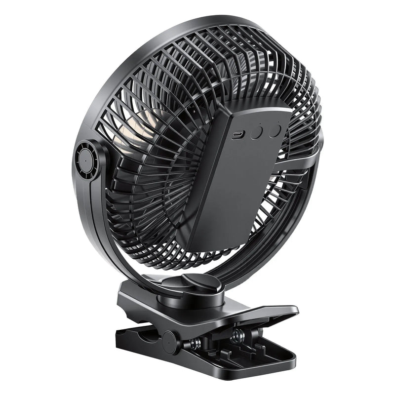 VEVOR portatīvais ventilators ar klipsi un apgaismojumu, uzlādējams, USB pieslēgums, 3 ātrumi un cirkulācijas režīms, spēcīga gaisa plūsma, izturīgs stiprinājums, piemērots galdam, golfa ratiem, āra kempingam un skrejceliņam, melns - ZEMLETES.LV